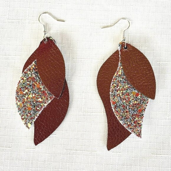 Leaf-Shaped Faux Leather Earrings in Copper w/Layered Silver Gold Glitter Accent - Picture 5 of 6